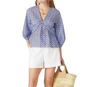 Derek Lam 10 Crosby Blue White Noe Eyelet Balloon Sleeve Top Blouse Sz 6 Summer